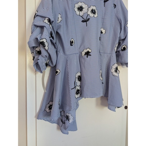 GRACIA Blue Stripe Floral Ruffle Sleeve Asymmetrical Shirt L Bold Statement Glam - Picture 10 of 11